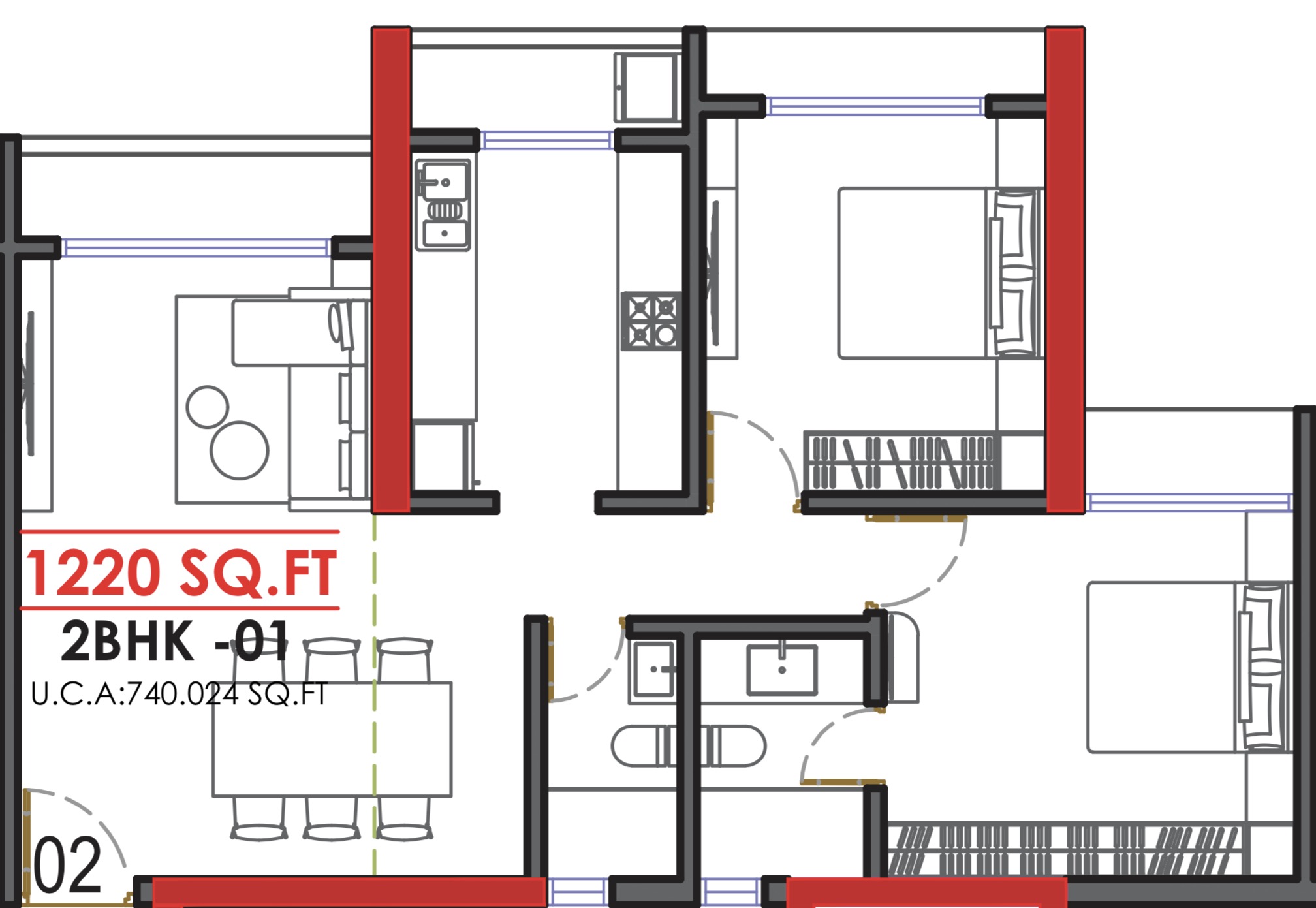 2 BHK floor plan, Grand Meridian City