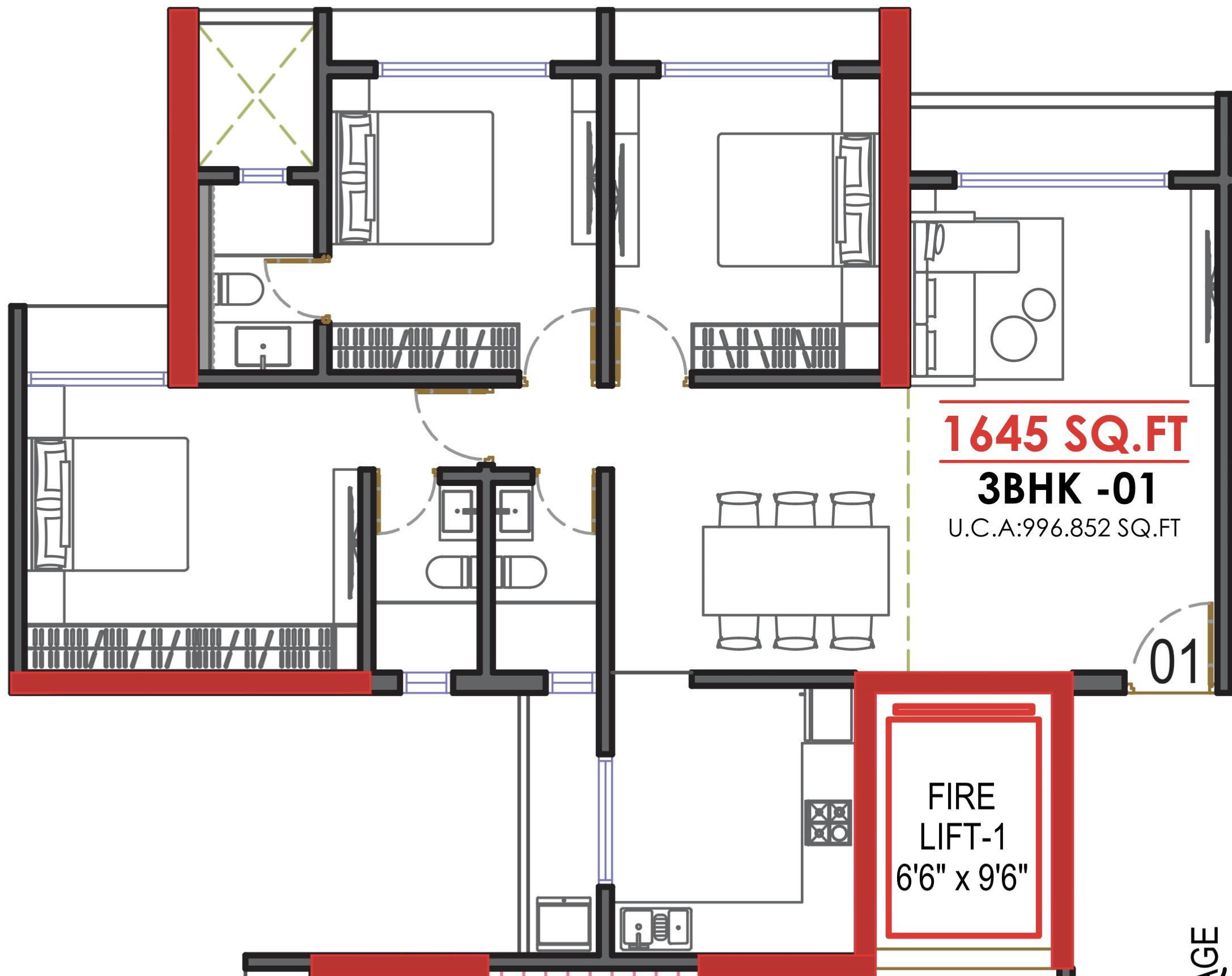 3 BHK floor plan, Grand Meridian City