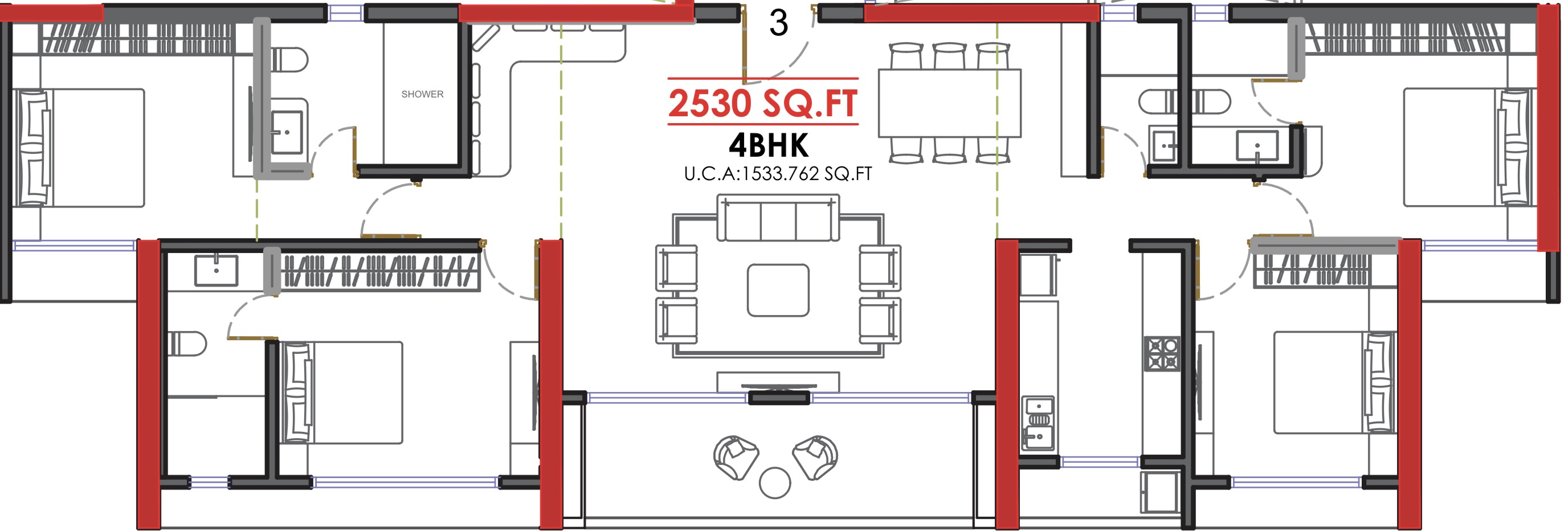 4 BHK Jodi floor plan, Grand Meridian City