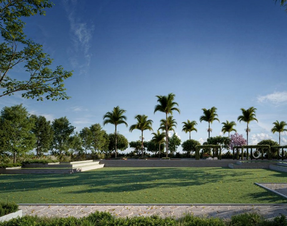 Landscaped party and family lawn with pergola and swing seating, Grand Meridian City