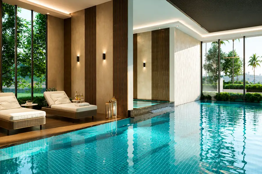 Covered swimming pool interior, Grand Meridian City