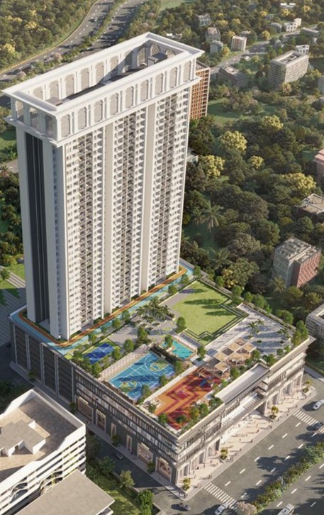 Full aerial view of the tower, retail podium and rooftop amenity deck, Grand Meridian City
