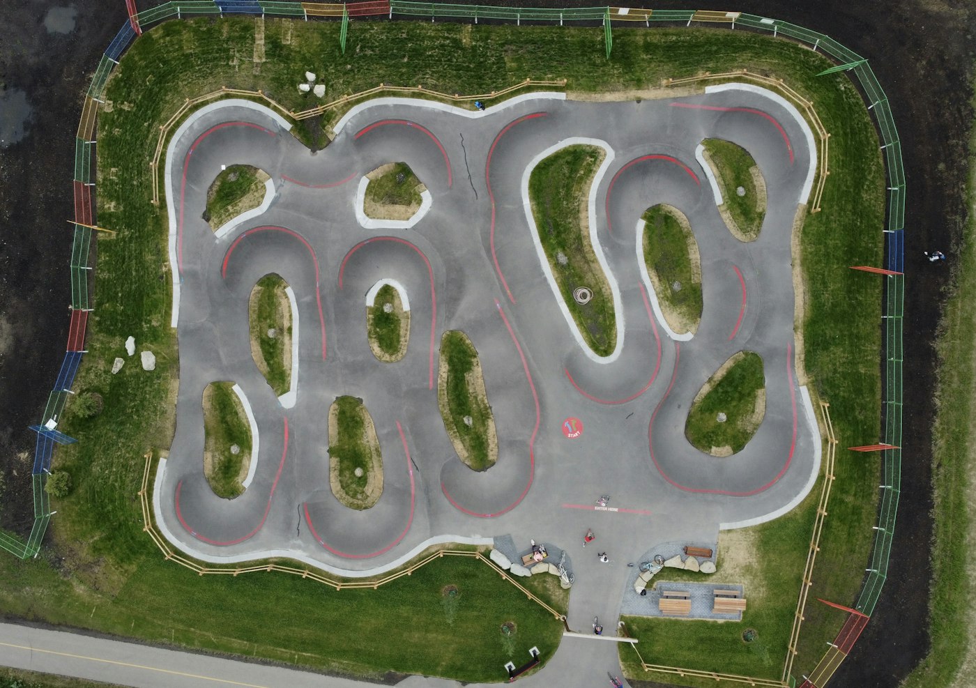 Aerial view of a landscaped outdoor cycling track, generic illustrative photo