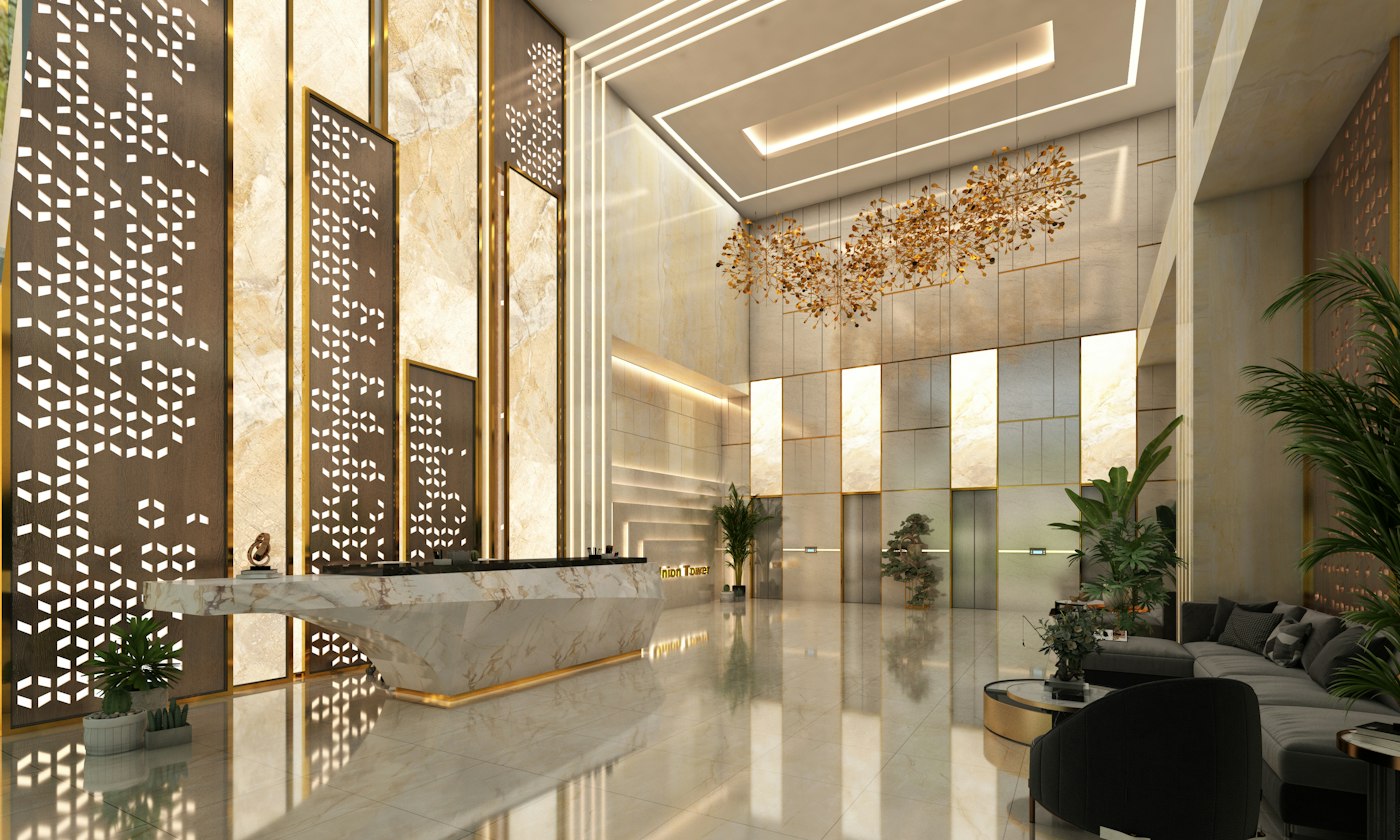 Grand marble office lobby with reception desk and elevator bank, generic illustrative photo